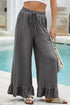 Pull On Elastic High Waist Drawstring Pocket Ruffle Hem Wide Leg Pants